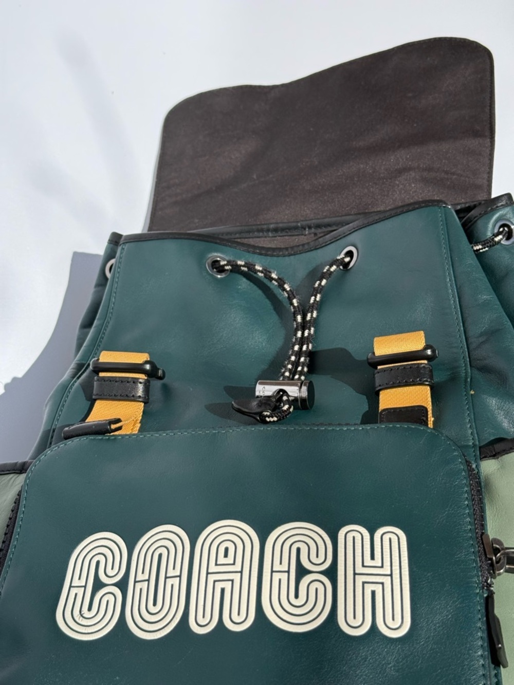 Coach Unisex Coach Track Leather Backpack Green, Black and goldenrod. - Picture 5 of 9